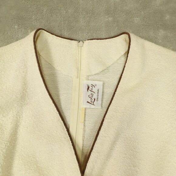 Leslie Fay Vintage 1970s Ivory Brown Trim Cross Front Dress Union Made size 8 - Picture 2 of 13